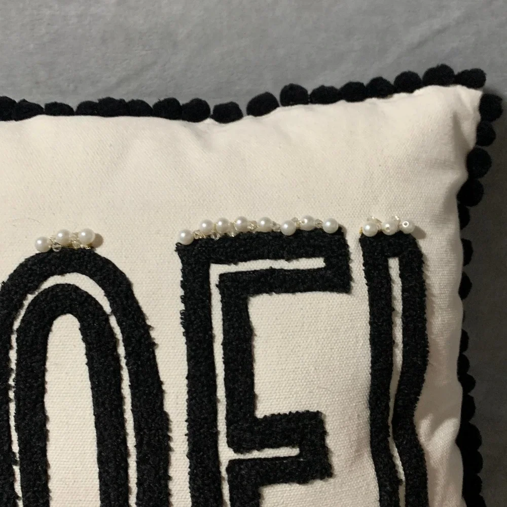 Holiday Noel Pillow Black White Pom Pom Pearl Embellished Throw Pillow Christmas